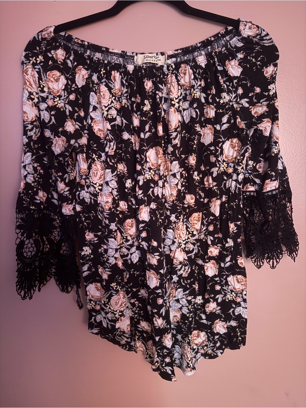 Liberty Love Black Floral Off-Shoulder Top with Lace Sleeves maternity